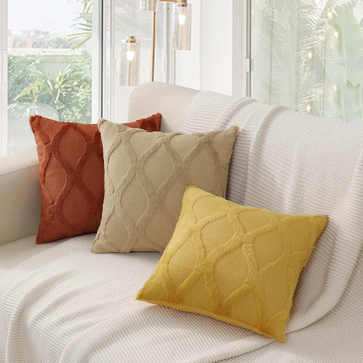 decorUhome Summer Throw Pillow Covers 20x20 Inch Set of 2, Soft Plush Faux Fur Wool Mustard Yellow Accent Couch Pillow Covers for Modern Fa…