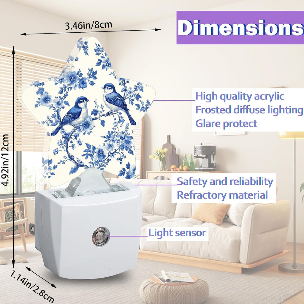 Blue Birds Night Lights Plug Into Wall, Vintage Flowers Dusk to Dawn Light Sensor Night Light for Kids, Energy Efficient Sleep Friendly…
