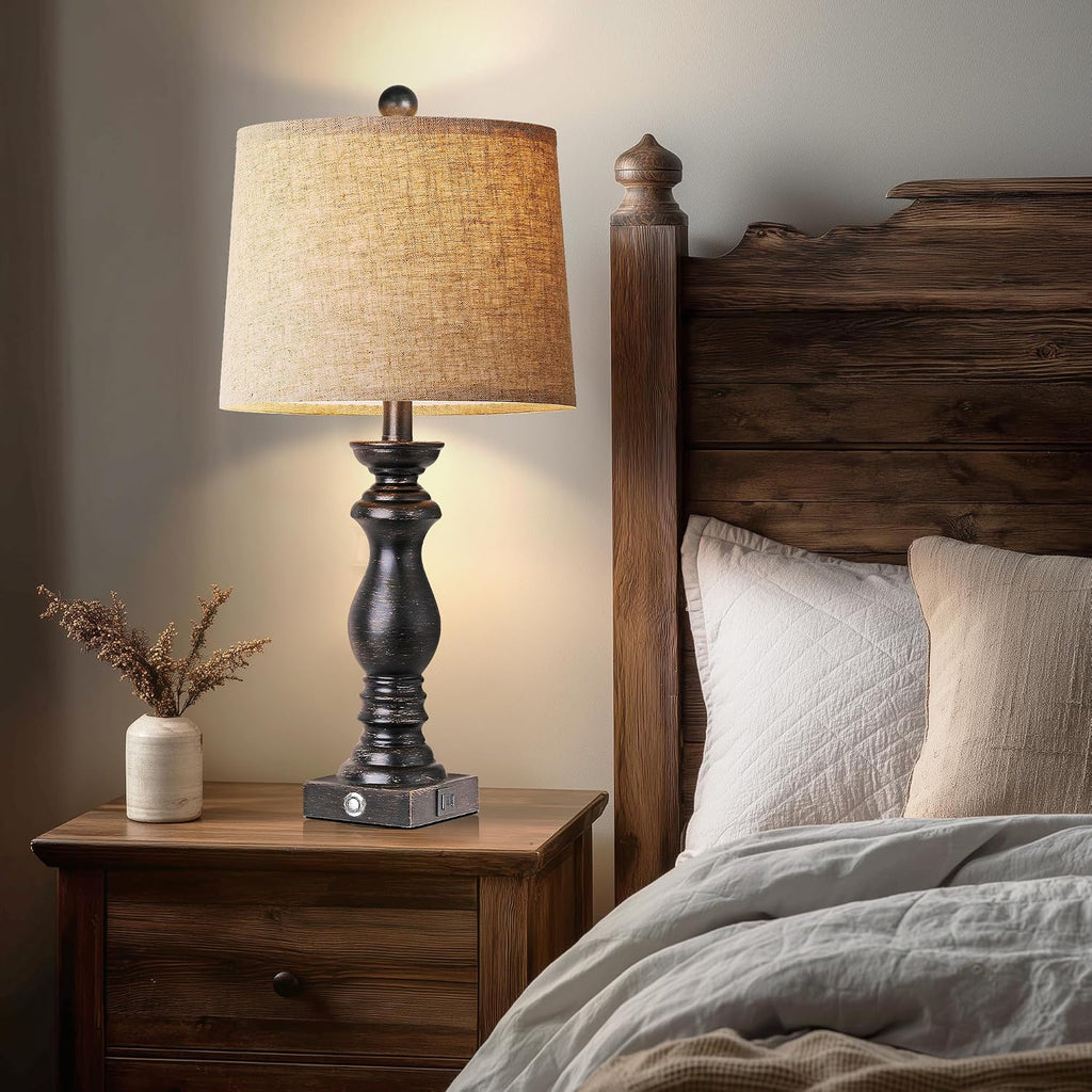 24.5" Table Lamp Set of 2, Rustic Farmhouse Bedside Lamps with USB A+C Charging Ports, 3-Way Dimmable Touch Control Nightstand Lamps for…