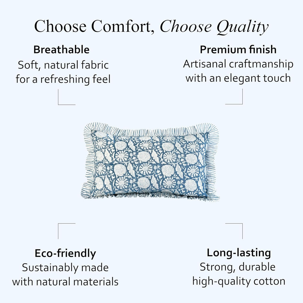 Cottonprintclub CPC Hand Block Print Blue Meadow Ruffle Sham Pillow Cover 20" x 12" inch Hidden Zipper Decorative Pillowcase for Couch, Bed…