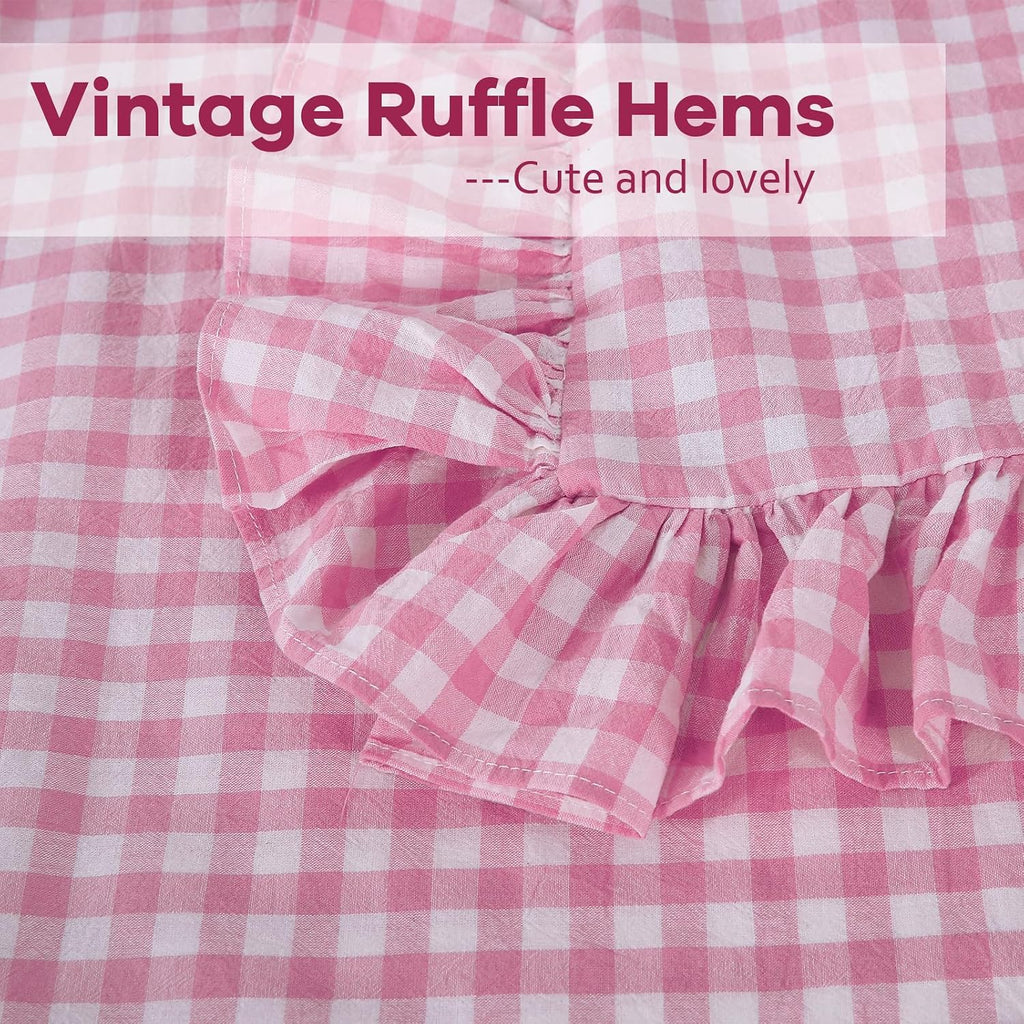 2 Pack Pink White Plaid Gingham Ruffle Euro Pillow Sham Covers, 100% Yarn-Dyed Washed Cotton Girls Lovely Checkered Farmhouse Pillow…