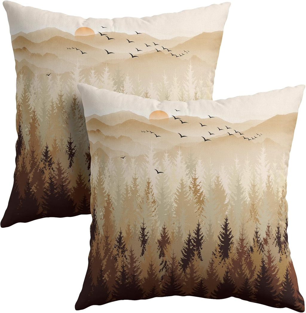 Fall Misty Forest Throw Pillow Covers 20x20 Inch Set of 2 Brown Mountain Woodland Decorative Pillow Cases Nature Pine Trees Farmhouse…