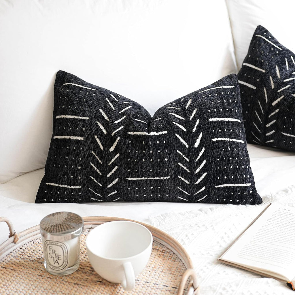 BlissBlush Black Decorative Lumbar Throw Pillow Covers 12X20, Set of 2, Boho Farmhouse Cushion Cover, Soft Accent Pillowcase for Couch…