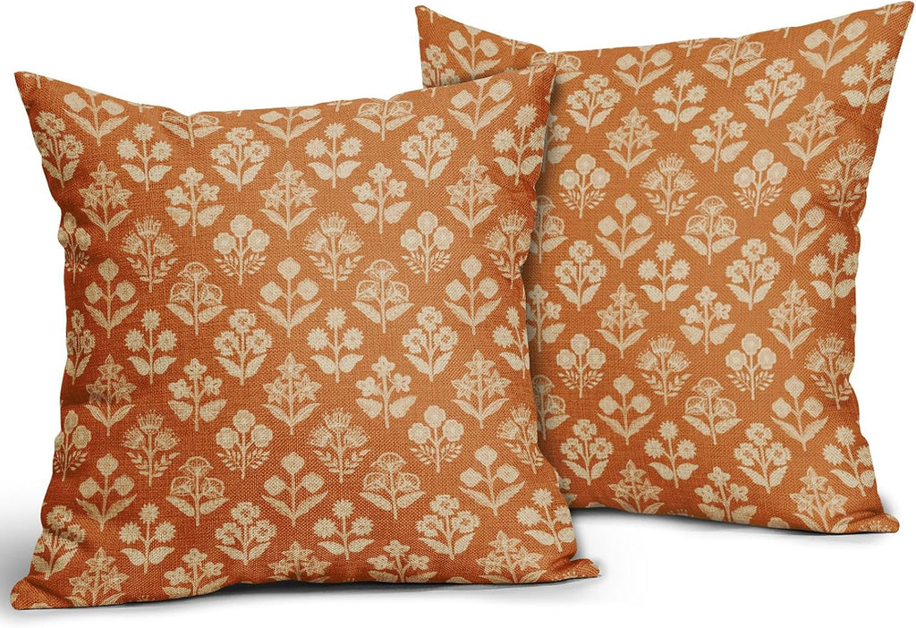 Burnt Orange Floral Block Print Pillow Covers 20x20 Inch Set of 2, Vintage Flower Pattern Decorative Throw Pillowcases Outdoor Farmhouse…