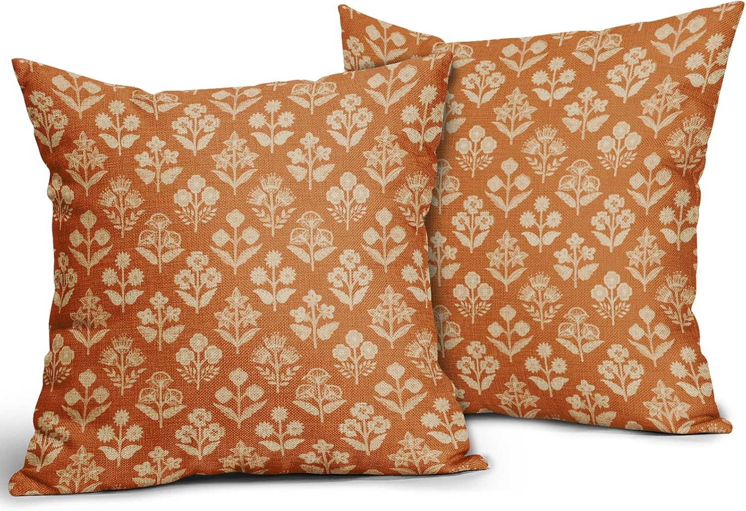 Burnt Orange Floral Block Print Pillow Covers 20x20 Inch Set of 2, Vintage Flower Pattern Decorative Throw Pillowcases Outdoor Farmhouse…