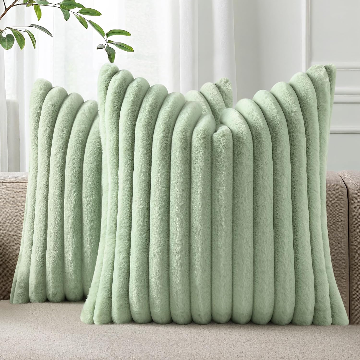 Pallene Faux Fur Plush Throw Pillow Covers 22x22 Set of 2, Luxury Soft Fluffy Striped Decorative Pillow Covers for Sofa, Couch, Living…