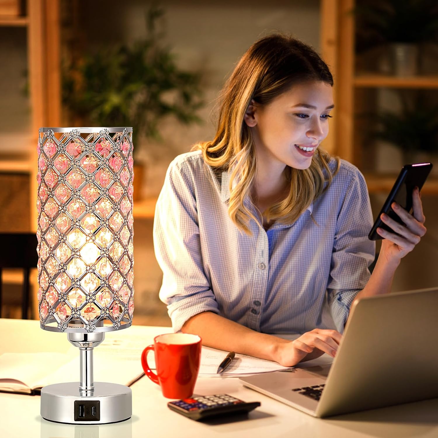 Hong-in Crystal Table Lamp, Pink Touch Lamp with USB C+A Ports, 3 Way Dimmable Bedroom Light with Crystal Shade, Bedside Nightstand Small…