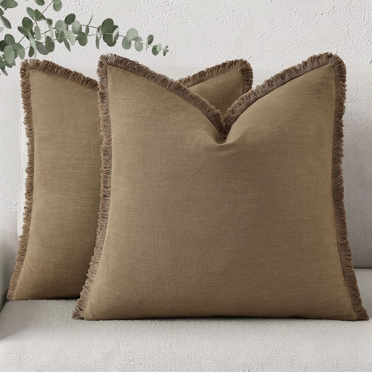 decorUhome Summer Decorative Neutral Linen Fringe Euro Sham Throw Pillow Covers Set of 2 Light Brown Pillow Covers with Tassels Soft Farmho…