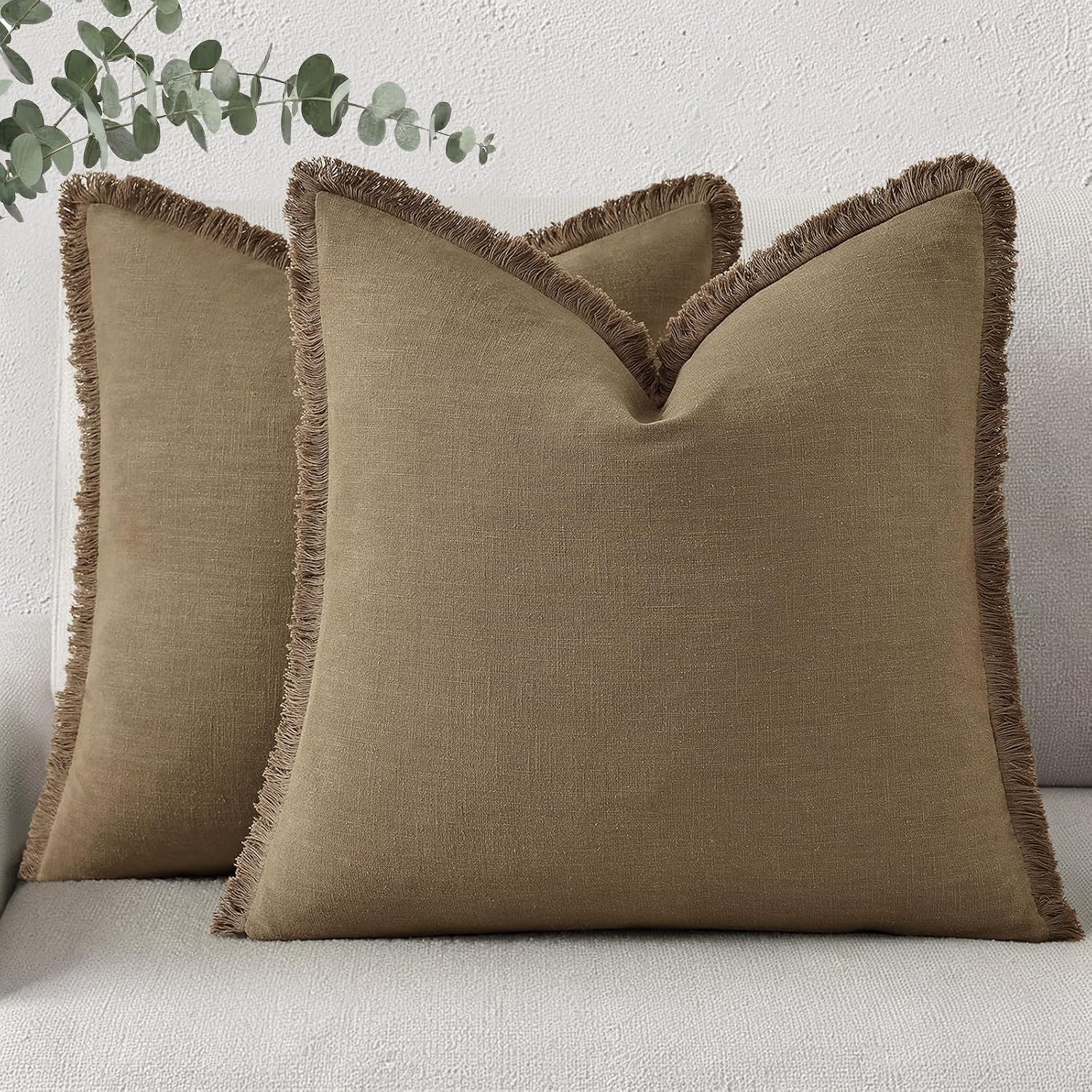 decorUhome Summer Decorative Neutral Linen Fringe Euro Sham Throw Pillow Covers Set of 2 Light Brown Pillow Covers with Tassels Soft Farmho…