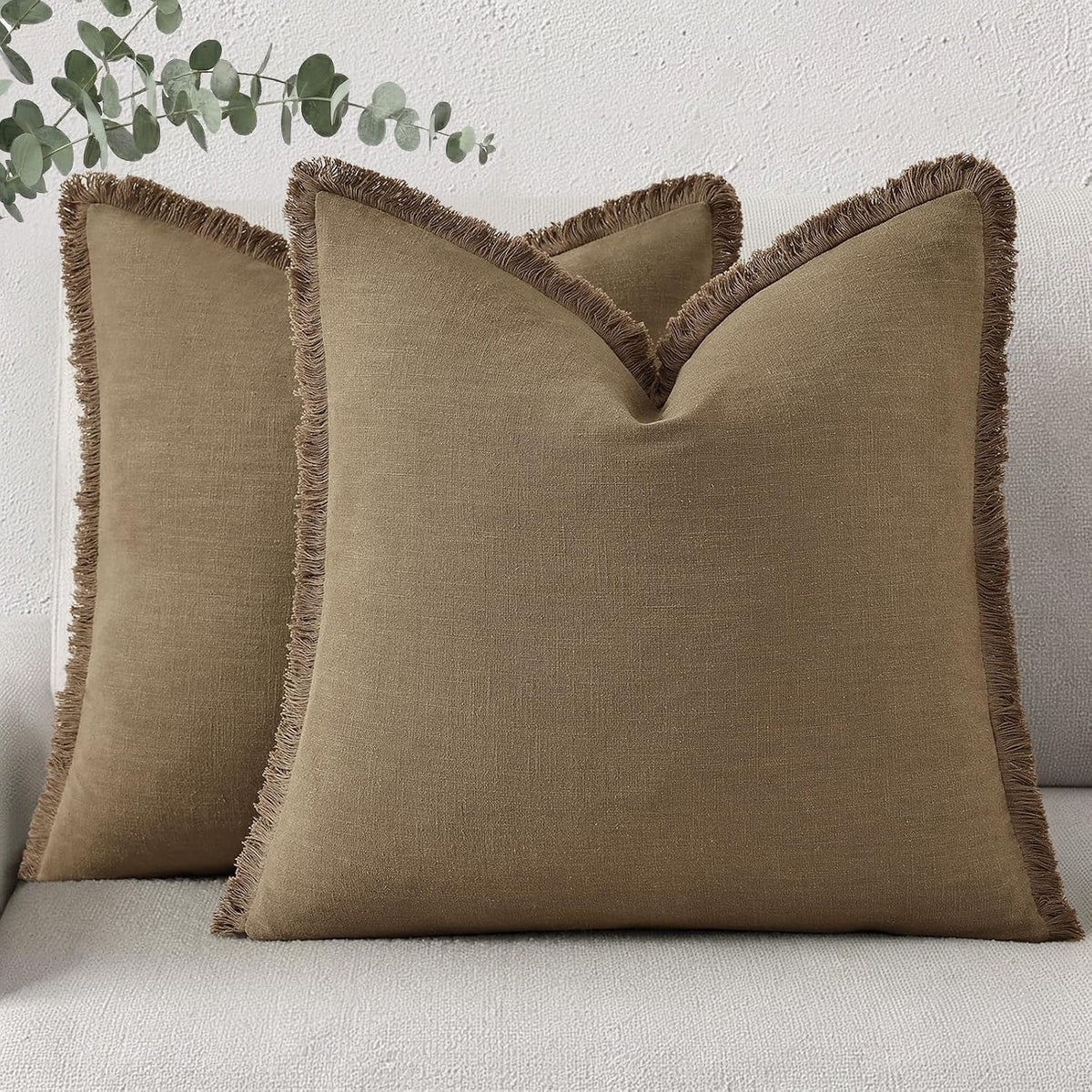 decorUhome Summer Decorative Neutral Linen Fringe Throw Pillow Covers Set of 2 Light Brown Pillow Covers with Tassels Soft Farmhouse Boho A…