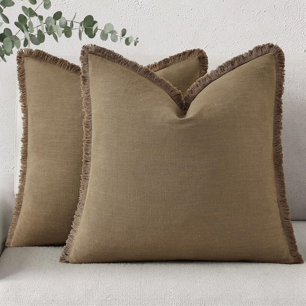 decorUhome Summer Decorative Neutral Linen Fringe Throw Pillow Covers Set of 2 Light Brown Pillow Covers with Tassels Soft Farmhouse Boho A…