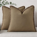 decorUhome Summer Decorative Neutral Linen Fringe Euro Sham Throw Pillow Covers Set of 2 Light Brown Pillow Covers with Tassels Soft Farmho…