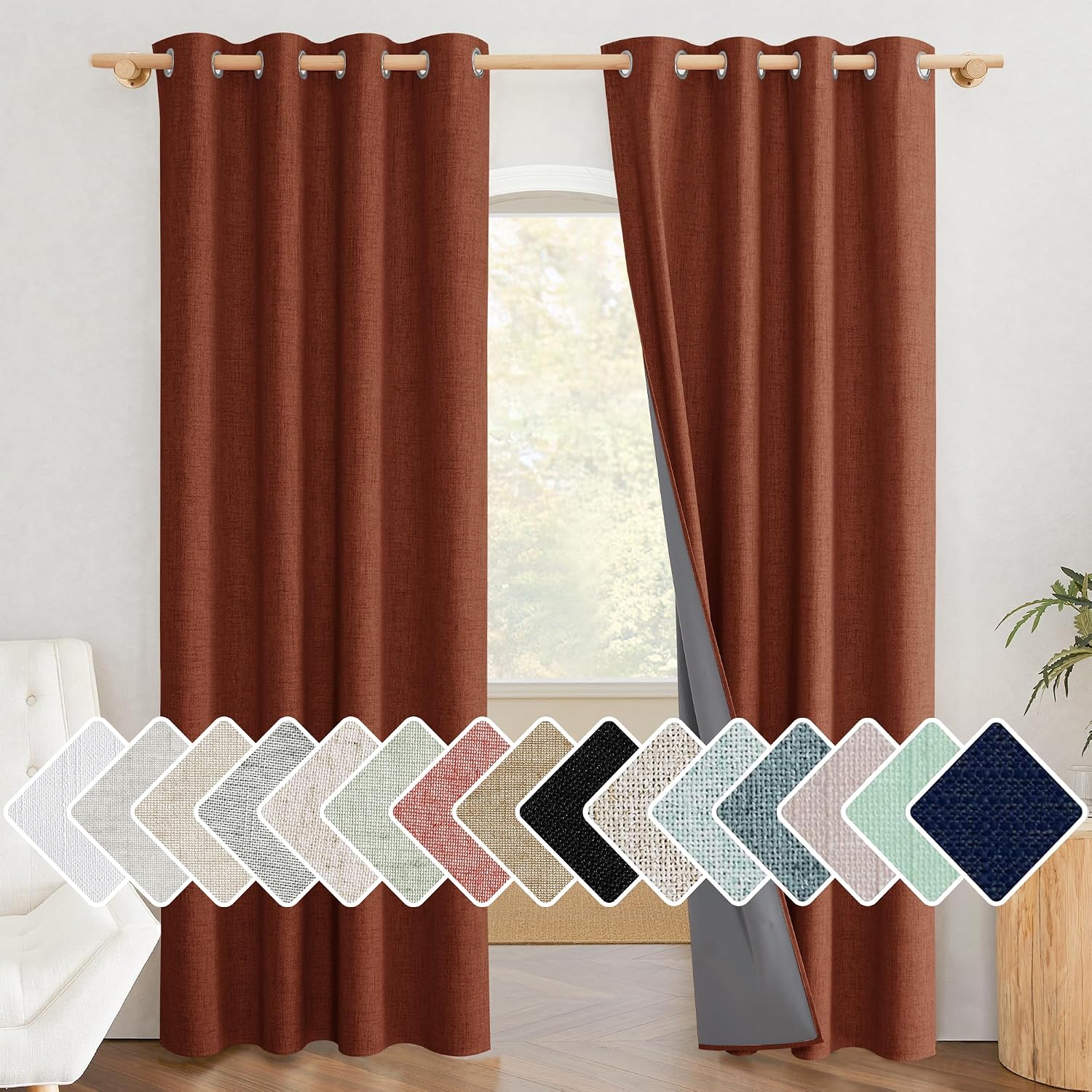 NICETOWN 100% Absolutely Blackout Linen Curtains with Thermal Insulated Liner, 52" Wide, 2 Panels, 90" Long Drapes, Grommet Retro Burnt…