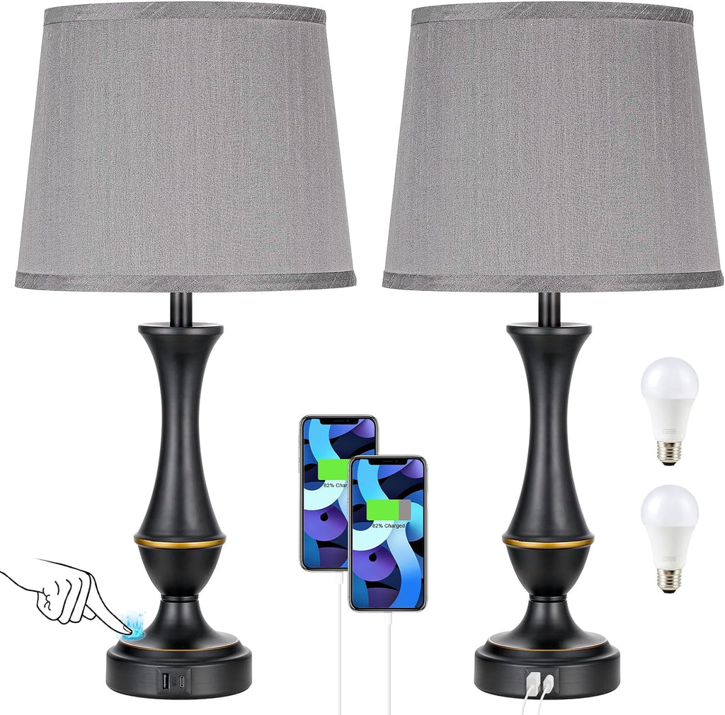 Seealle Upgraded Touch Lamps for Bedrooms Set of 2 - Nightstand Table Lamp with USB C+A, 3 Way Dimmable Lamps for Living Room(Grey)