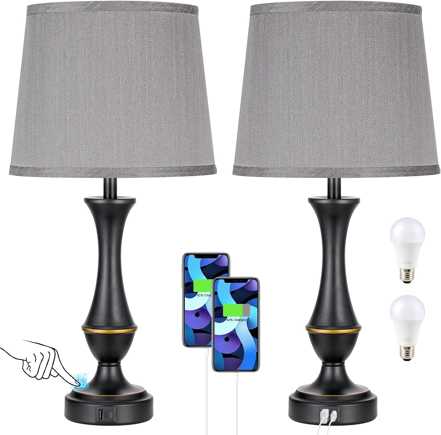 Seealle Upgraded Touch Lamps for Bedrooms Set of 2 - Nightstand Table Lamp with USB C+A, 3 Way Dimmable Lamps for Living Room(Grey)
