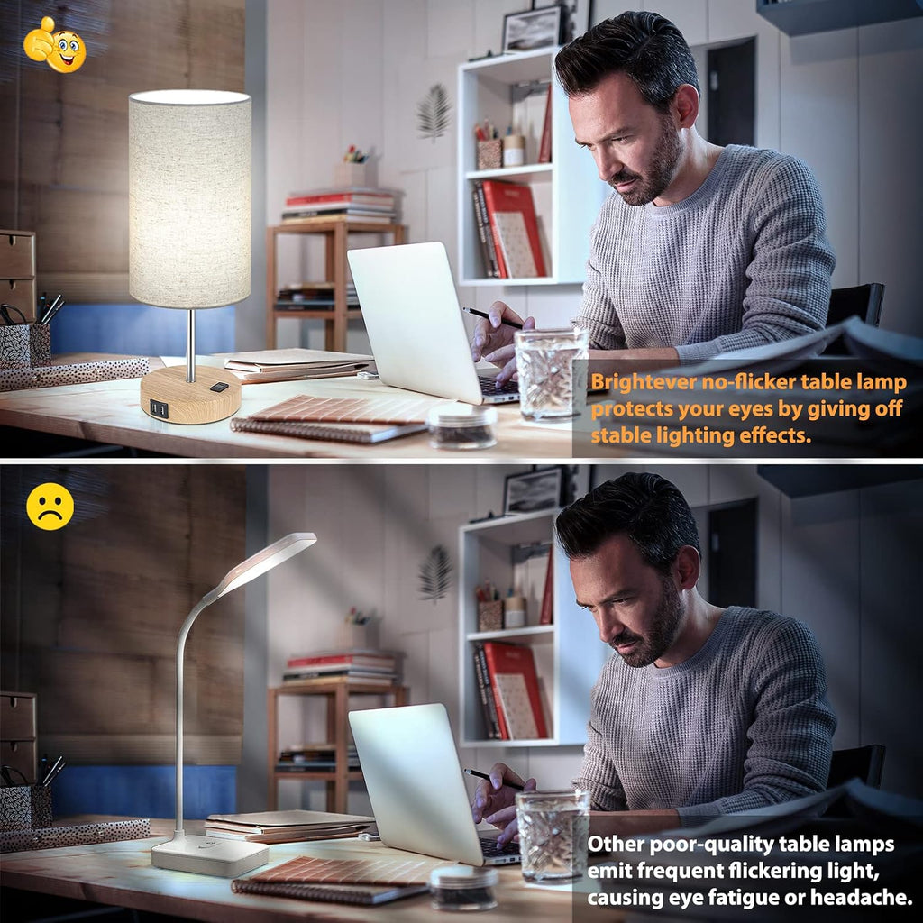 Brightever Bedside Table Lamps with 2 USB Charging Ports & AC Outlet, Set of 2 Touch Control Wooden Base Nightstand 3-Way Dimmable Lamps wi…