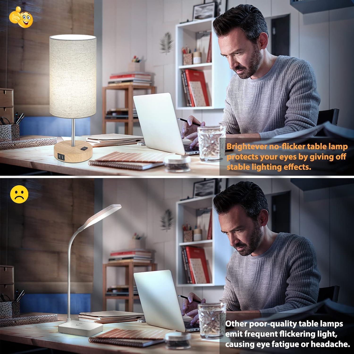 Brightever Bedside Table Lamps with 2 USB Charging Ports & AC Outlet, Set of 2 Touch Control Wooden Base Nightstand 3-Way Dimmable Lamps wi…