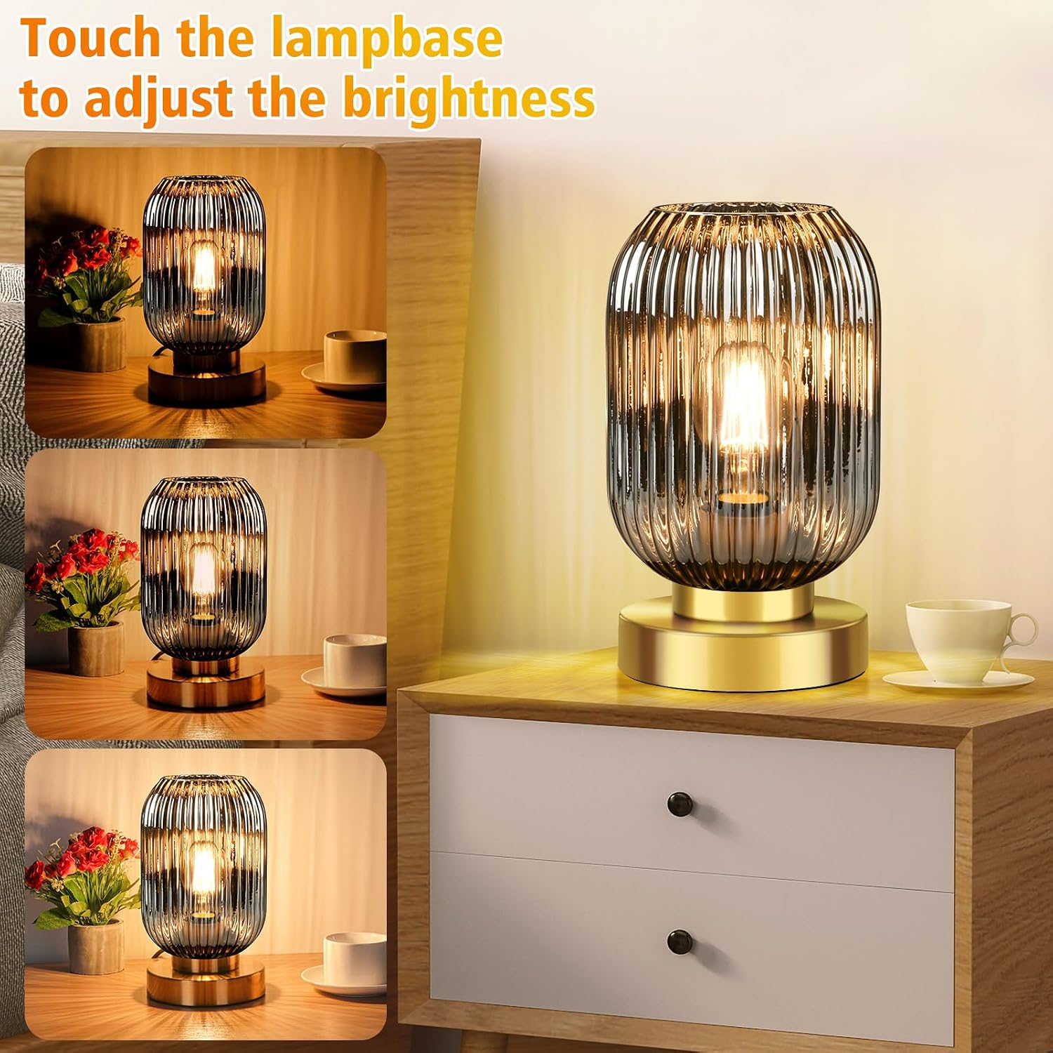 Ledikon Mid Century Modern Table Lamp with Smoke Grey Ribbed Glass Shade, Touch Control & 3 Way Dimmable, Small Gold, Vintage Bedside Lamp…