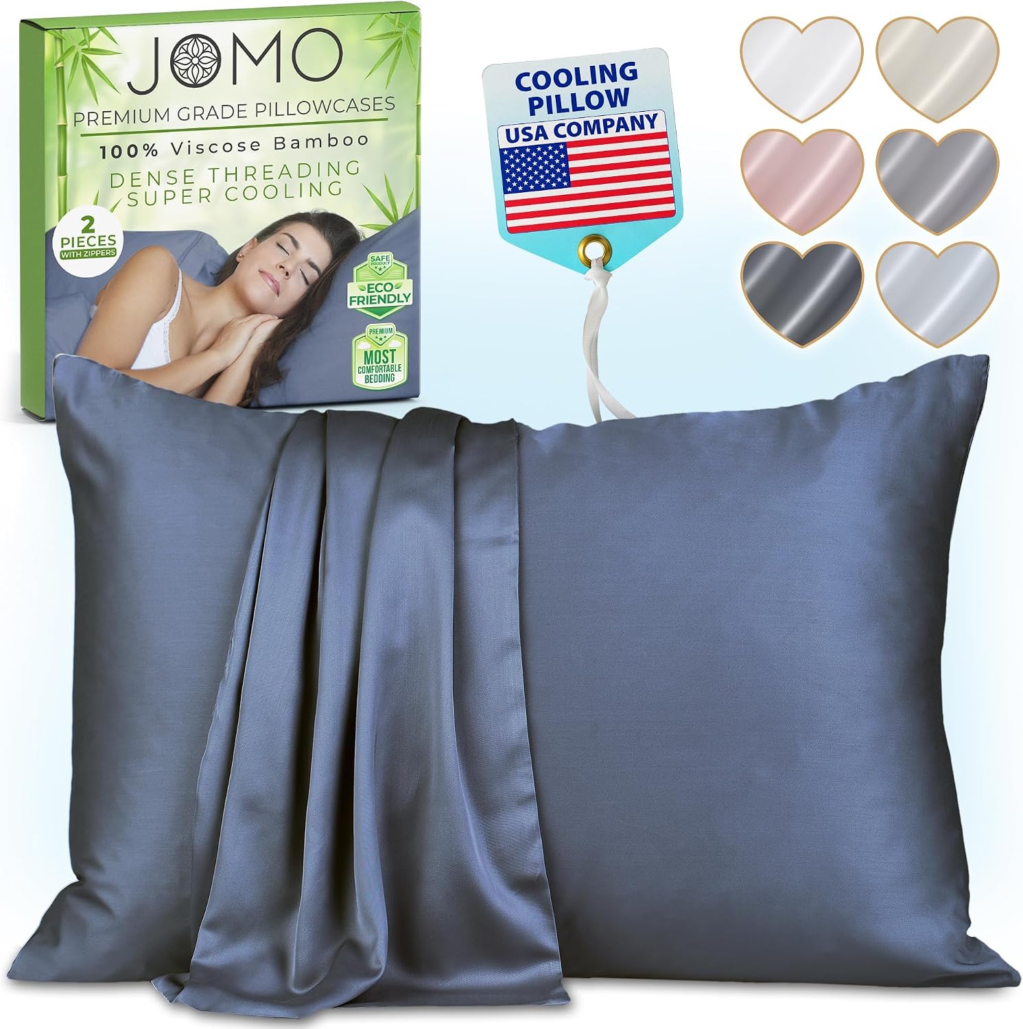 Zippered Pillowcases - Standard Size 26x20, 100% Viscose Derived from Bamboo, 2 PK, Navy Gray - Cooling Pillow Cases - Silky Pillow…
