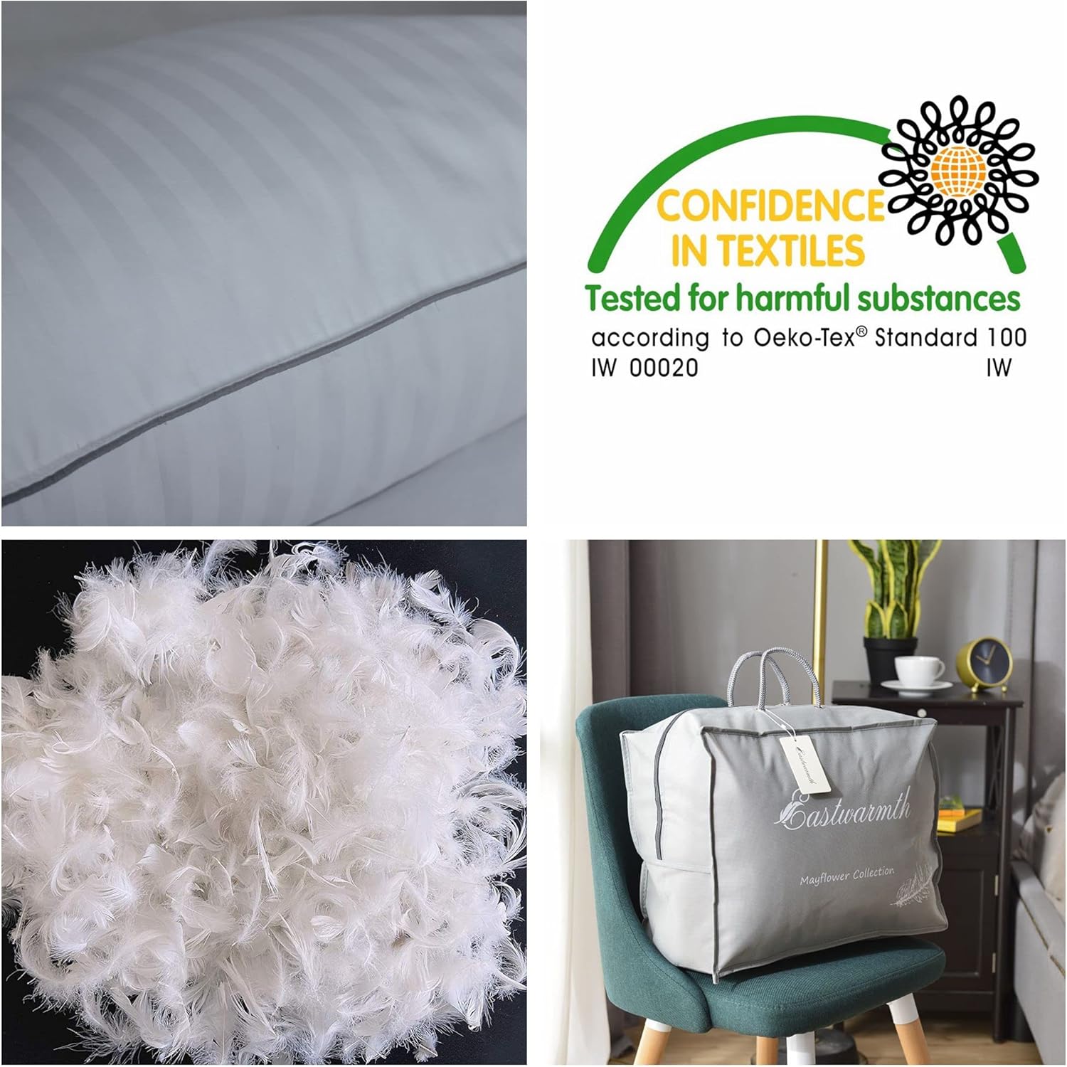 Goose Feather Down Bed Pillow for Sleeping, Hotel Collection Queen Size Soft Bed Pillow,100% Cotton Cover Queen Size Stripe White 1 Pack