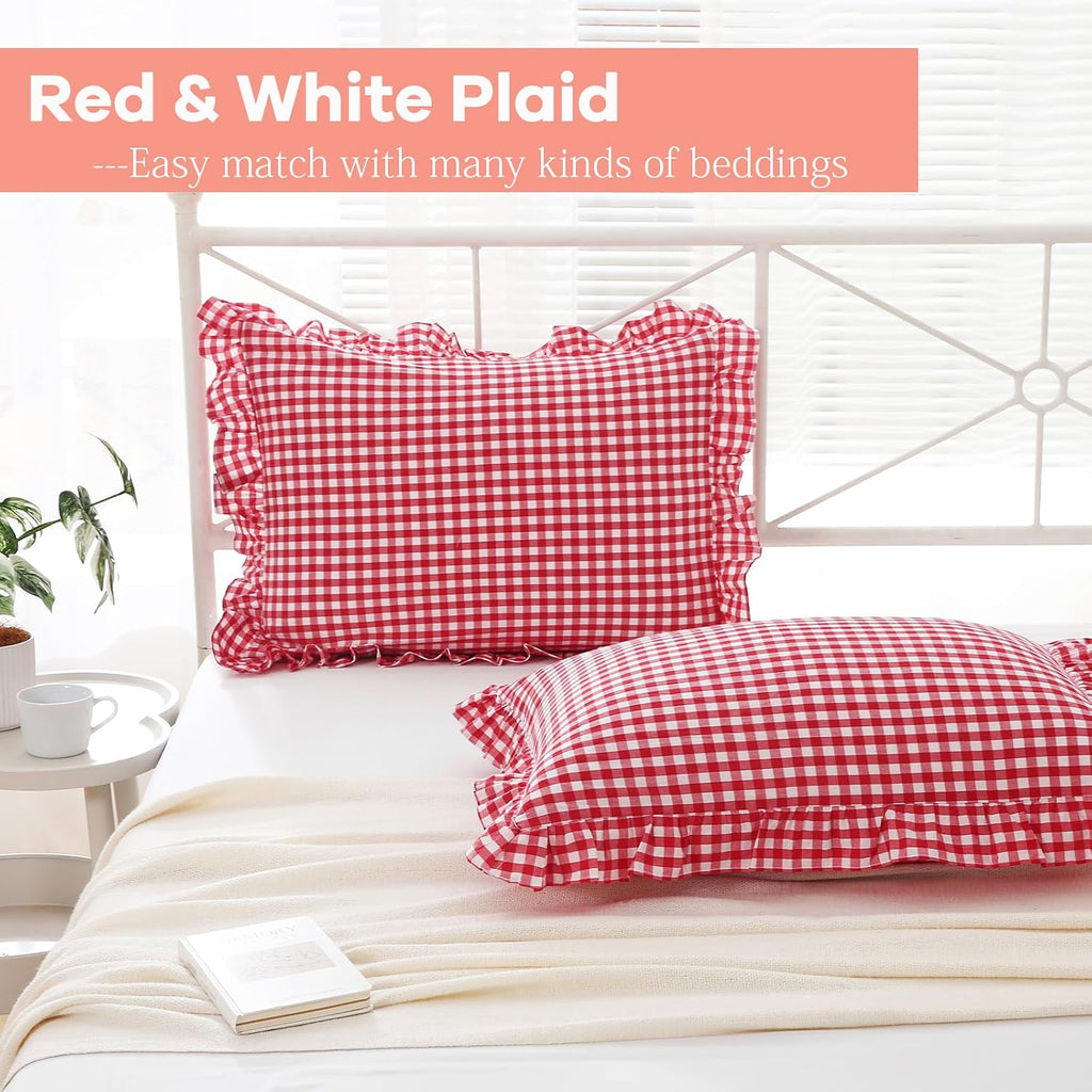 Kmasaniji 2 Pack Red White Plaid Ruffle Gingham Pillow Shams Standard Size, 100% Washed Cotton Buffalo Checkered Farmhouse Bed Pillow Cover…