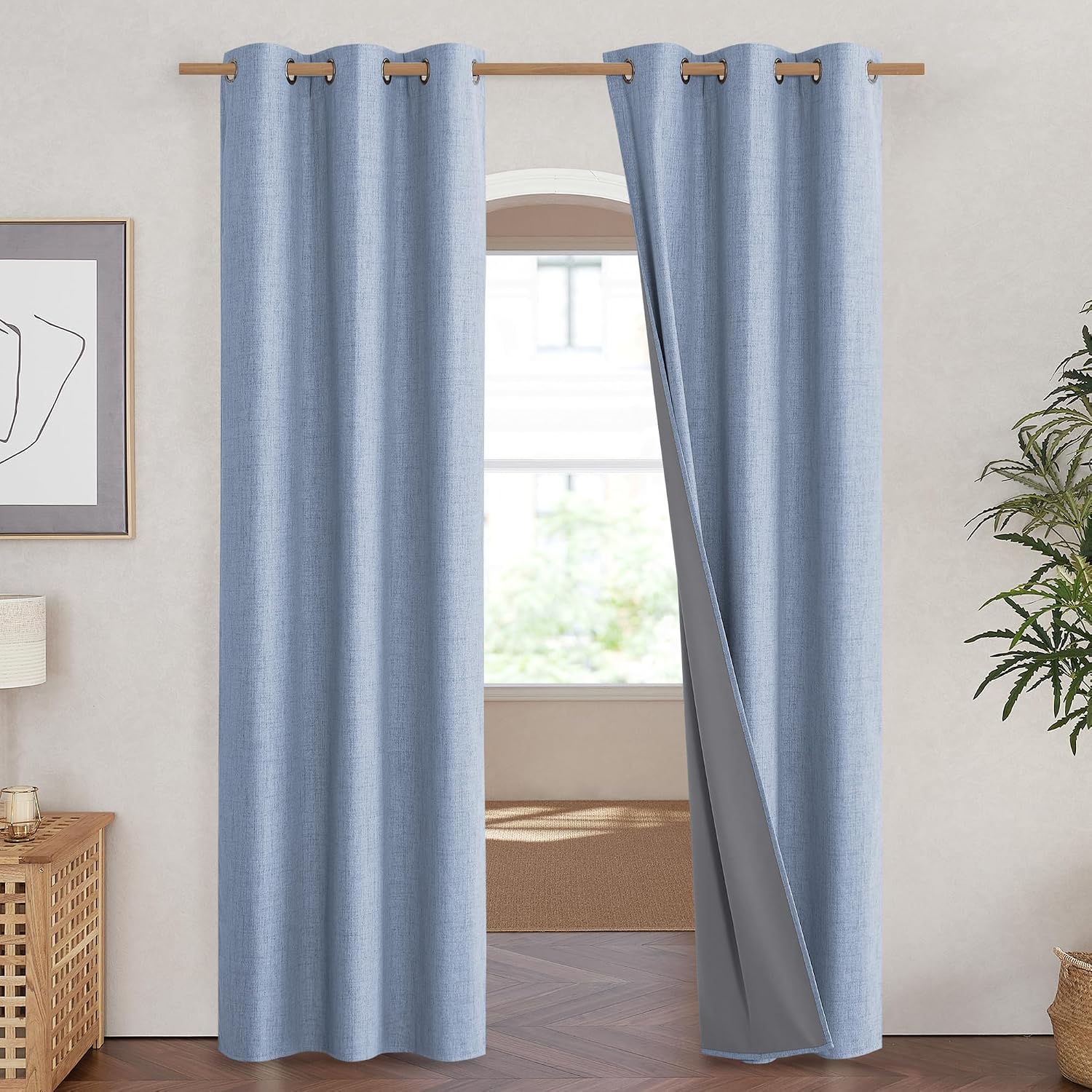 NICETOWN Stone Blue Vintage Linen 100% Blackout Curtains for Living Room, Thermal Insulated Curtains 90" Long, Noise Reducing Window…