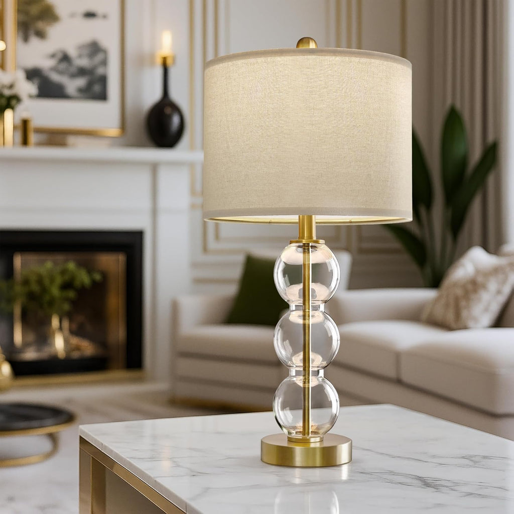 Oneach 25" Glass Table Lamps Set of 2, Gold Modern Table Lamps with USB Ports for Living Room, Linen Shade Bedside Lamps for Bedroom, Night…