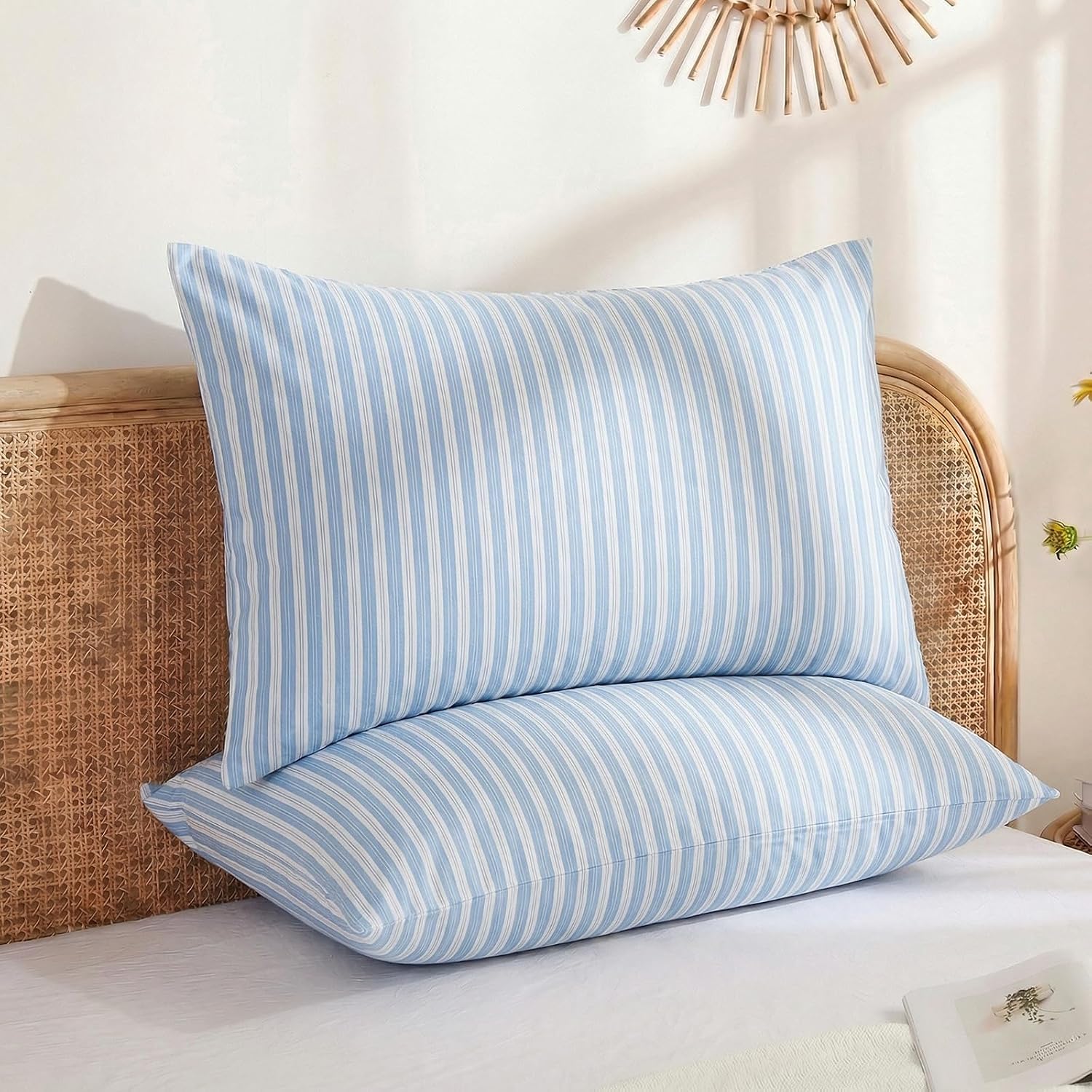 Merryword Blue and White Striped Pillowcases, 100% Cotton Pillow Cases, King Size Pillowcases, Soft Breathable Ribbon Stripe Pillow Covers,…