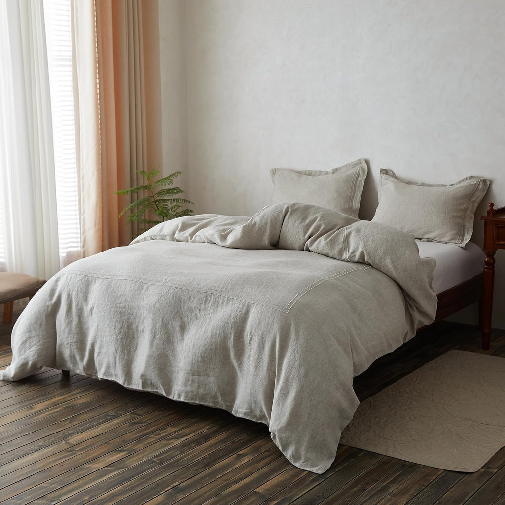 Simple&Opulence 100% Washed Linen Duvet Cover Set 88"x92" - 3 Pieces Soft Farmhouse Comforter Set Double Embroidered with Button Closure…