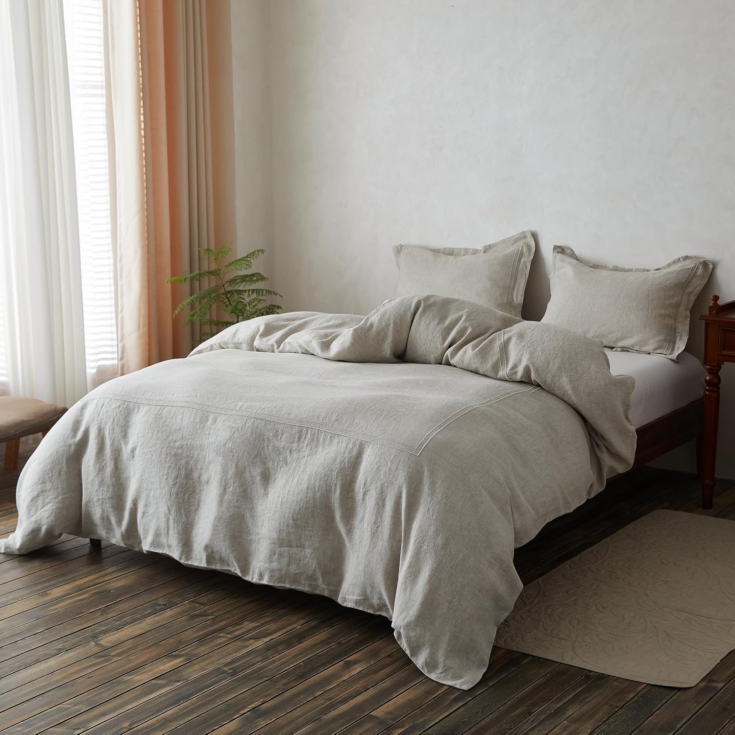 Simple&Opulence 100% Washed Linen Duvet Cover Set 88"x92" - 3 Pieces Soft Farmhouse Comforter Set Double Embroidered with Button Closure…