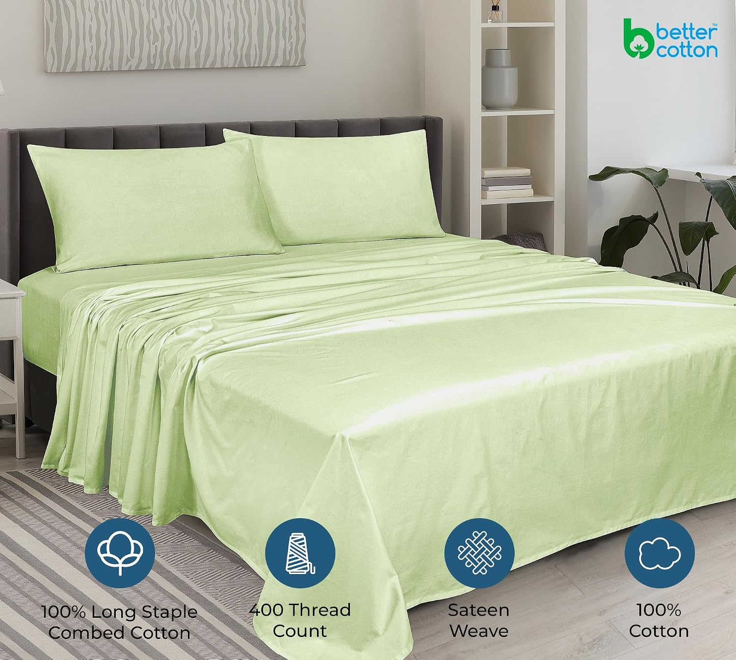 Royalelinens Royale Linen 400 Thread Count 100% American Grown Cotton 4 Piece Sateen Queen Sheet Set - 1 Fitted Sheet, 1 Flat Sheet, 2 Pill…