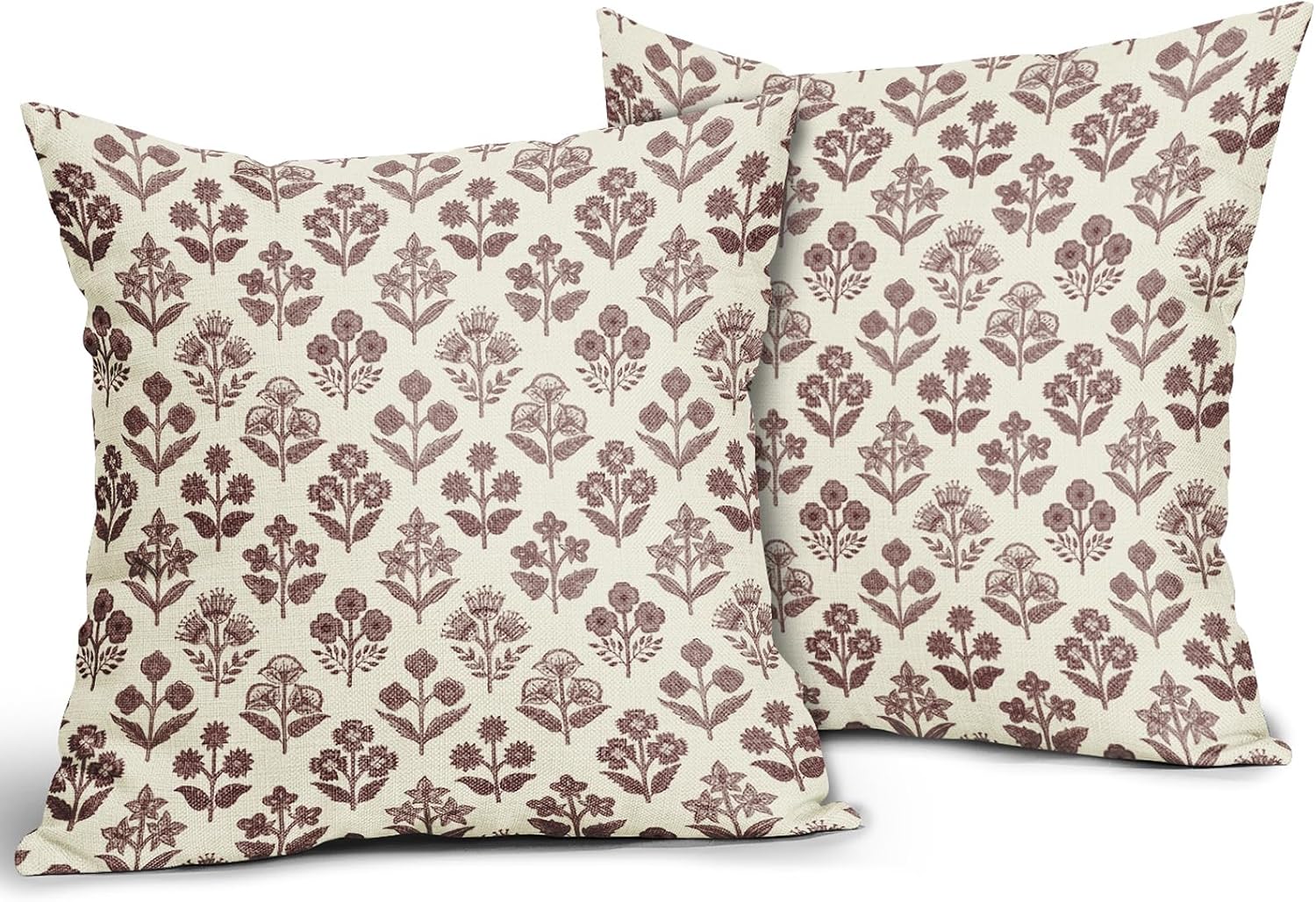 Burgundy Red Floral Pillow Covers 18x18 Inch Set of 2, Vintage Flower Block Print Pattern Decorative Throw Pillowcases Outdoor Farmhouse…