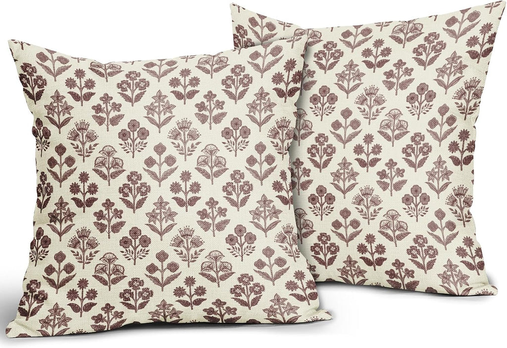 Burgundy Red Floral Pillow Covers 16x16 Inch Set of 2, Vintage Flower Block Print Pattern Decorative Throw Pillowcases Outdoor Farmhouse…