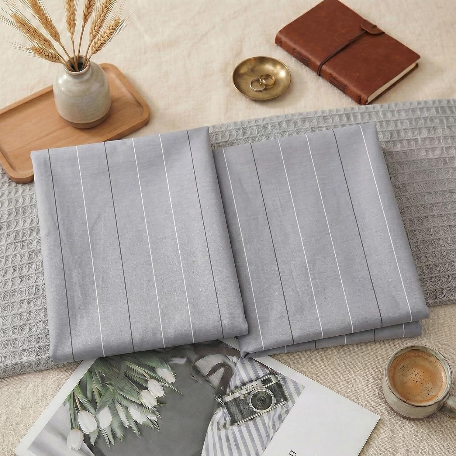 Merryword Gray Striped Pillowcases, 100% Cotton Pillow Cases, Queen Size Pillowcases, Luxury Linen Like Pillowcase, Soft Breathable Pinstri…