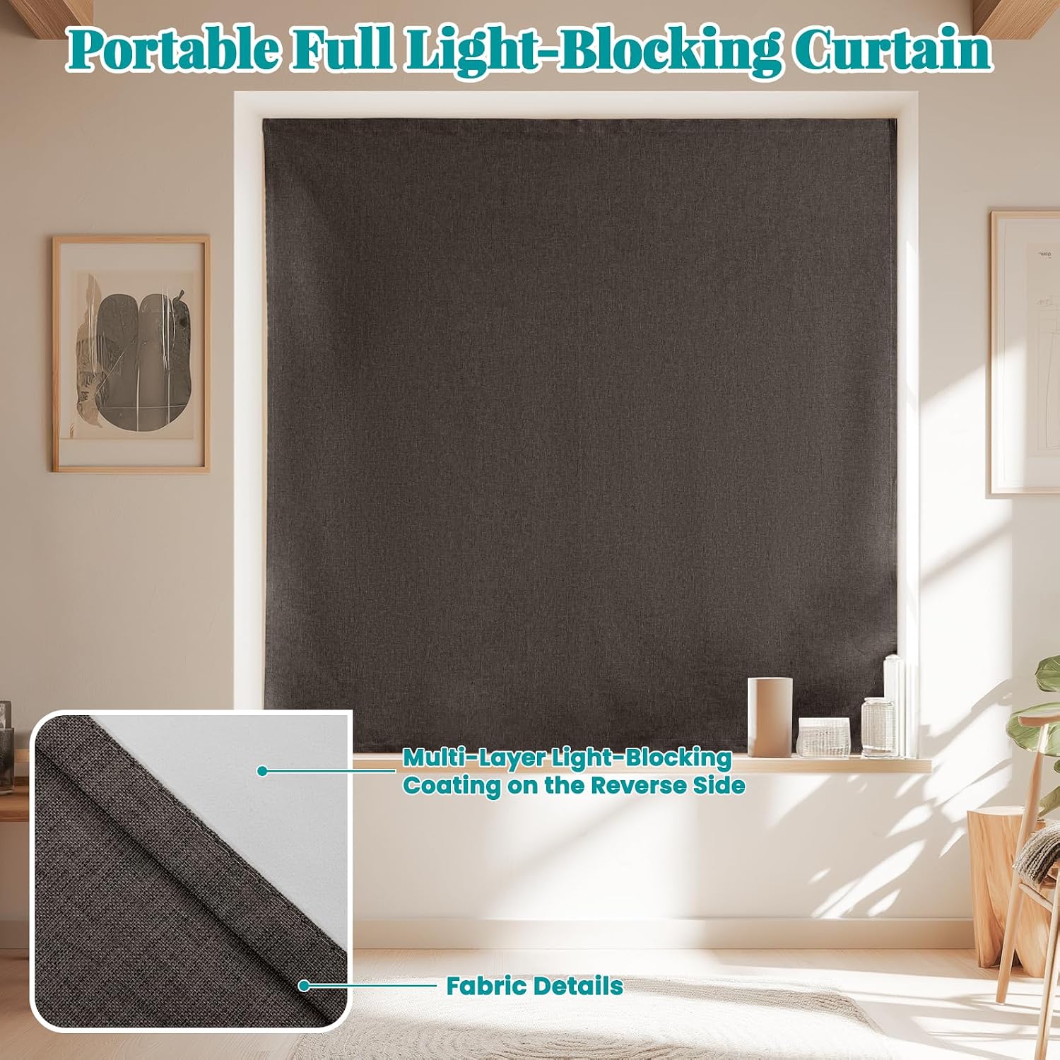100% Blackout Self Adhesive Curtains, Black Out Shade for Window, Fabric Temporary Window Coverings Easy to Hang Curtains No Rod Needed…