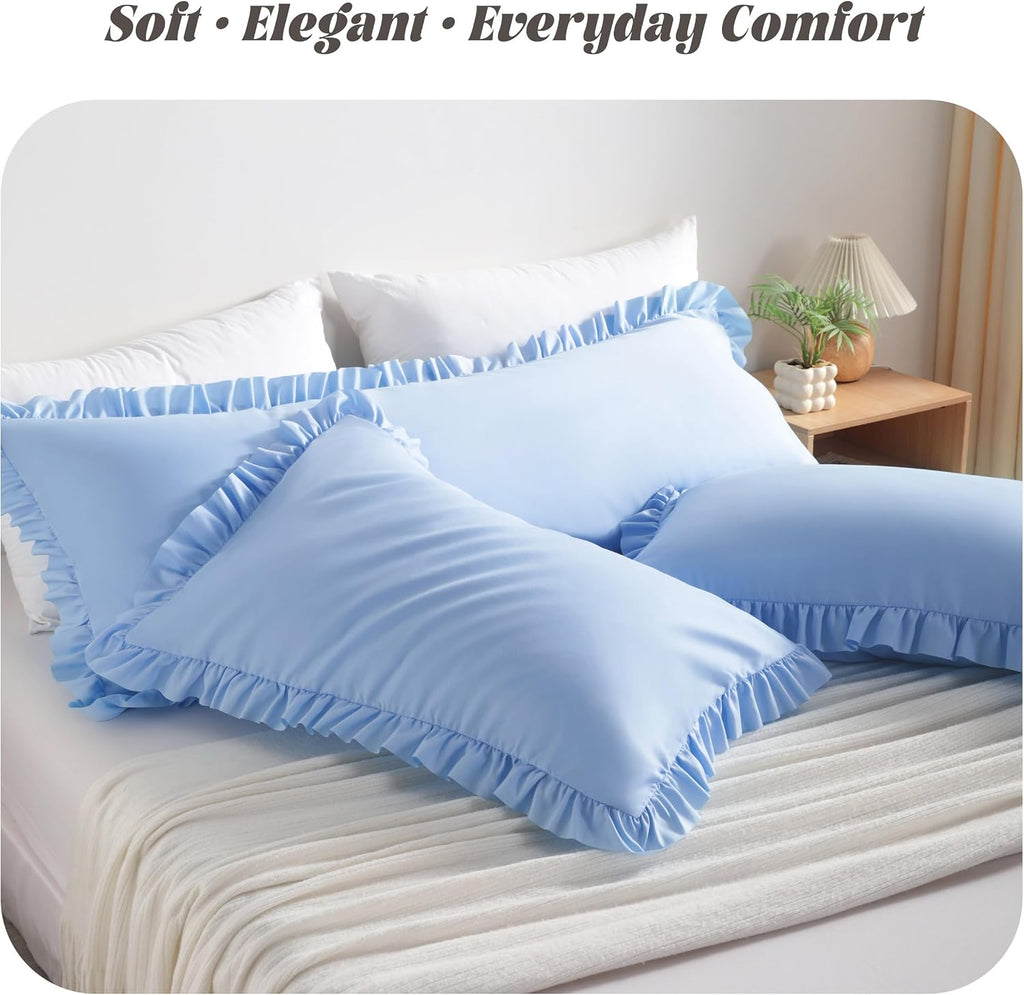 Bedsum Ruffled Body Pillowcase, 20x54 Inches, Brushed Microfiber with Envelope Closure, Soft Wrinkle-Resistant, Sky Blue Blue