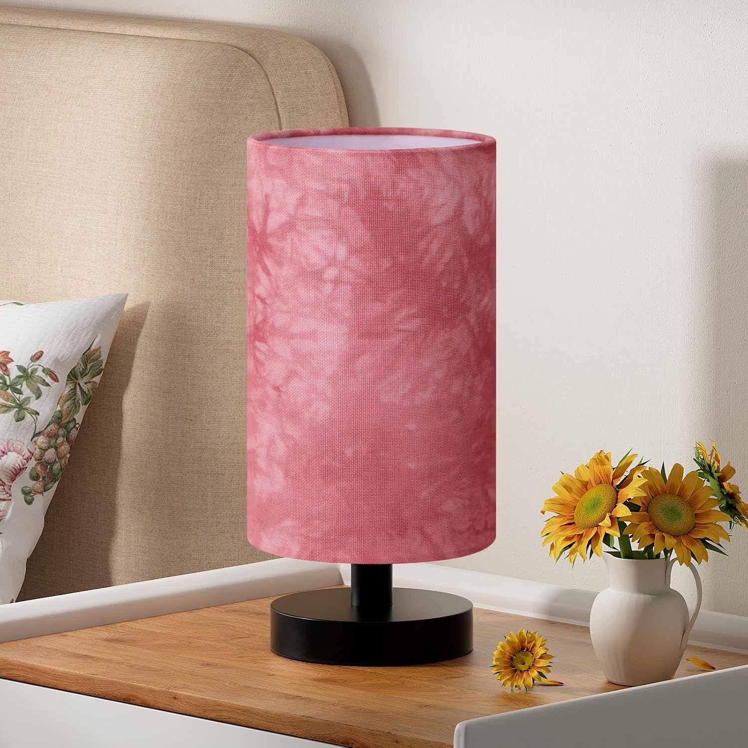 Fenmzee Small Table Lamp for Bedroom - Inline Control, Bedside Lamp with 3000K A15 LED Blub, Easy Assembly (Pink Shade - Black Base, 9"…