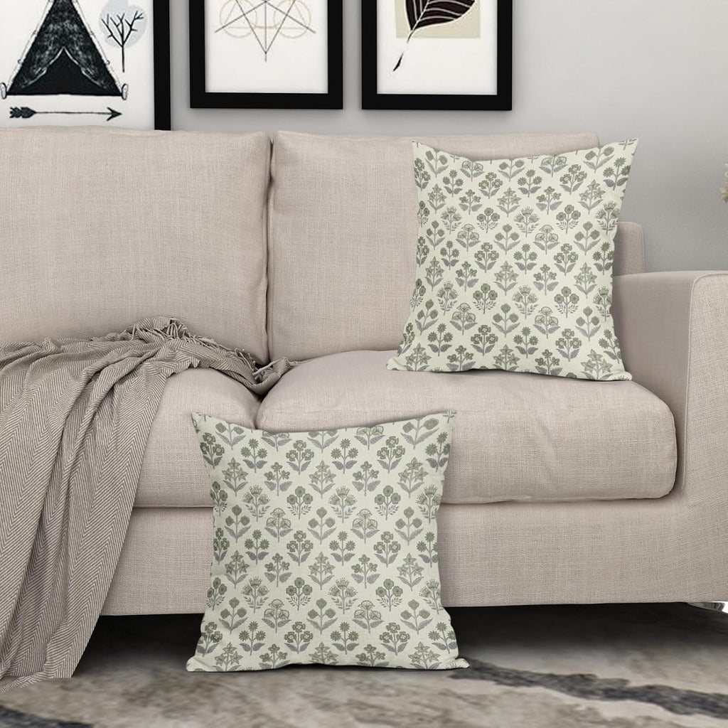 Green Grey Gray Floral Block Print Pillow Covers 16x16 Inch Set of 2, Vintage Flower Pattern Decorative Throw Pillowcases Outdoor…