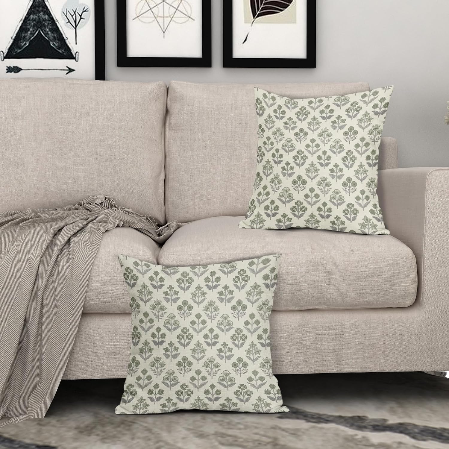 Green Grey Gray Floral Block Print Pillow Covers 18x18 Inch Set of 2, Vintage Flower Pattern Decorative Throw Pillowcases Outdoor…