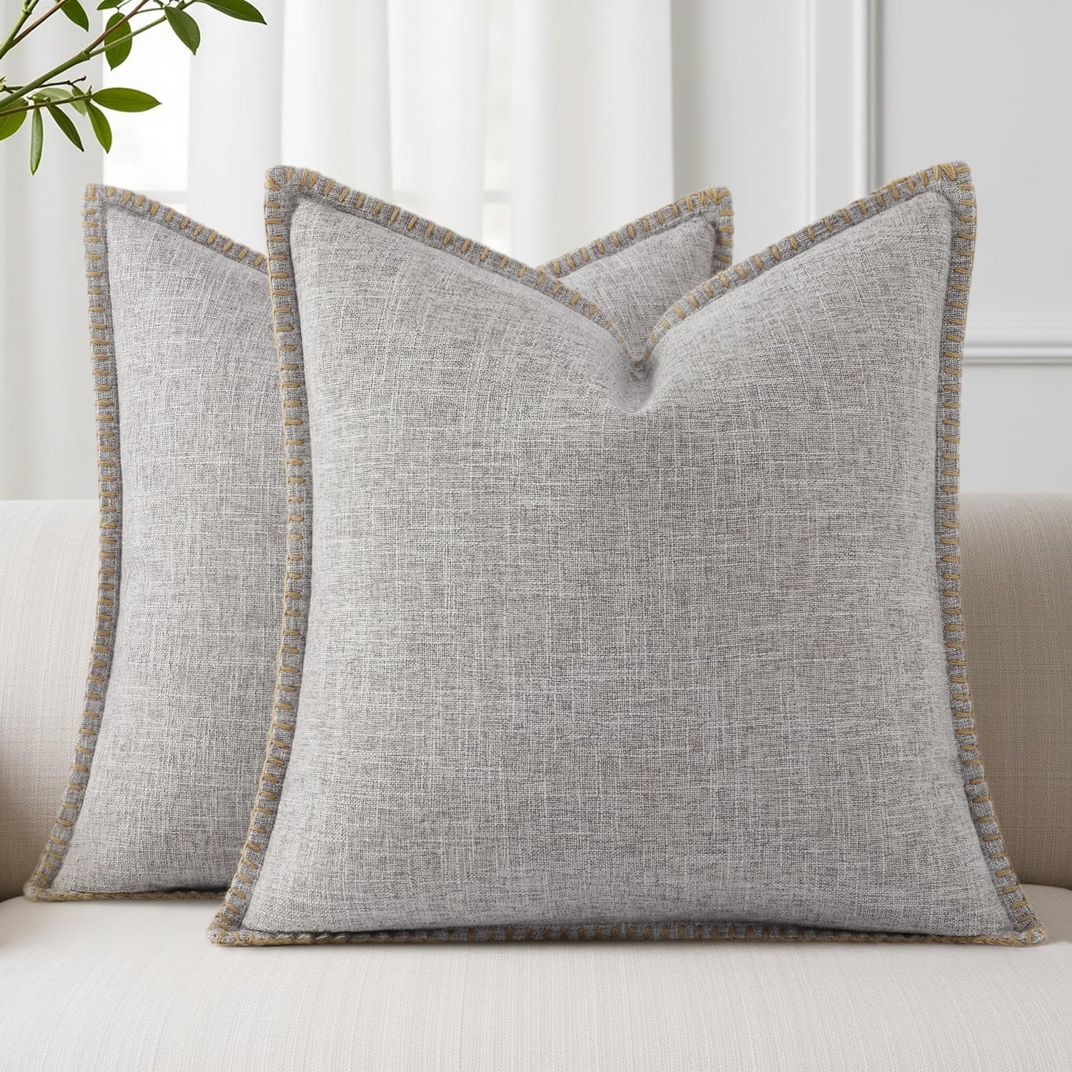 decorUhome Summer Decorative Throw Pillow Covers 16x16 Set of 2 Square Faux Linen Outdoor Neutral Farmhouse Pillow Covers with Stitched…