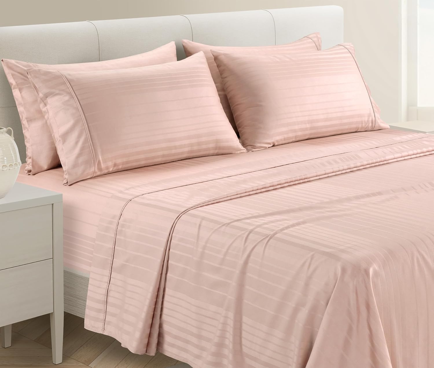 Casa Platino 100% Cotton Sheets Queen Size Set - 6 Pcs (1 Flat, 1 Fitted, 4 Pillowcases) - Striped 500 TC - Ultra Smooth Sateen Weave Bed…