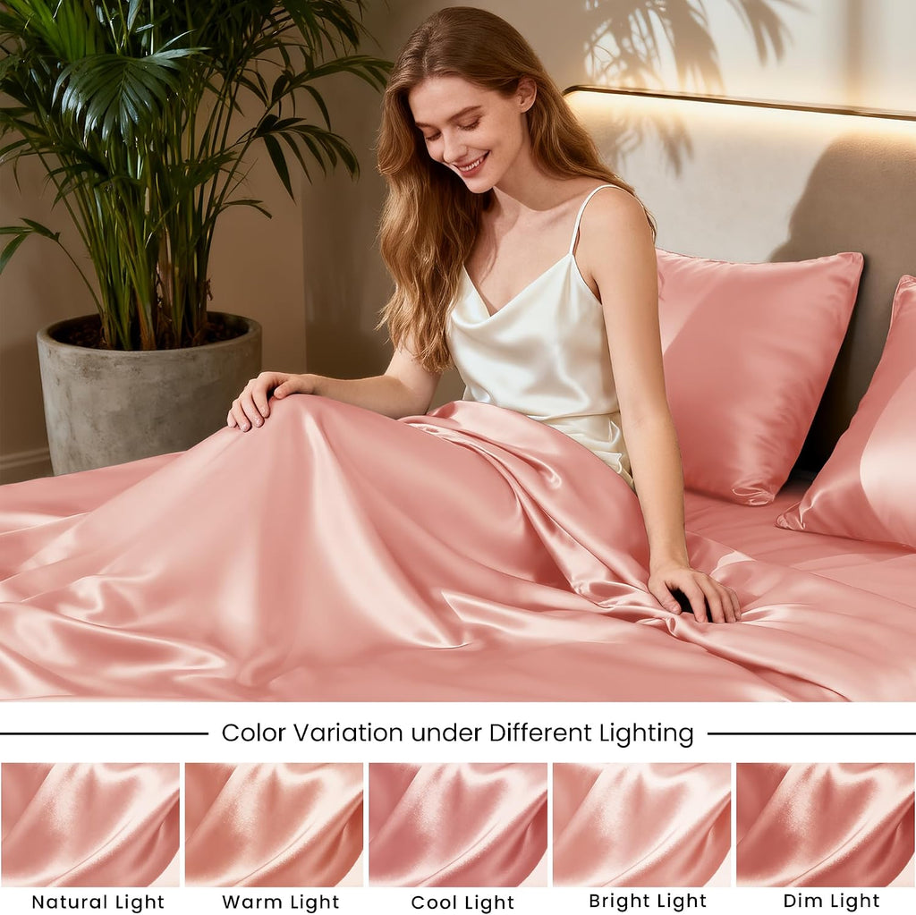 Lovescabin Love's cabin California King Satin Sheet Sets - 4 Piece Coral Silky Sheets Bed Set with Deep Pocket, Luxury Silk Feel Satin Cal…