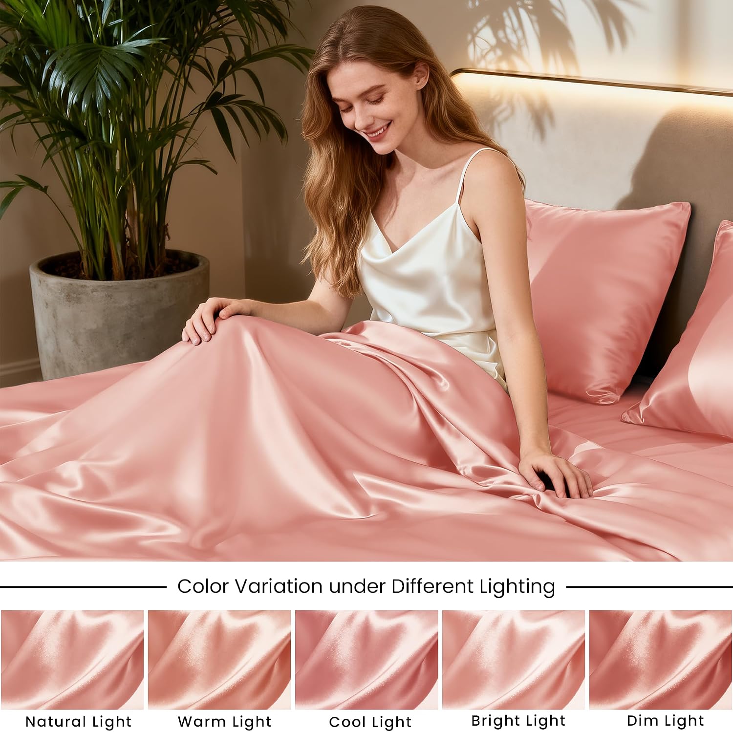 Lovescabin Love's cabin California King Satin Sheet Sets - 4 Piece Coral Silky Sheets Bed Set with Deep Pocket, Luxury Silk Feel Satin Cal…