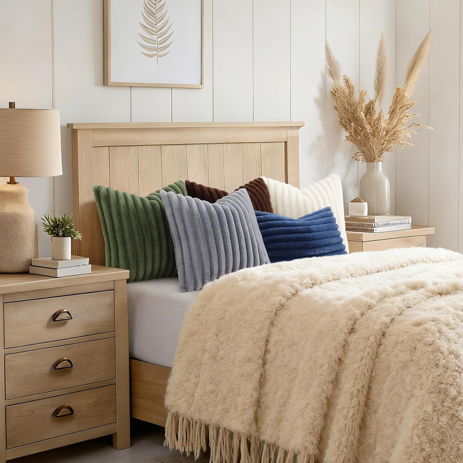 decorUhome Cozy Faux Fur Throw Pillow Covers 12x20 Set of 2 Decorative Soft Plush Striped Lumbar Modern Farmhouse Boho Couch Pillow Cases w…