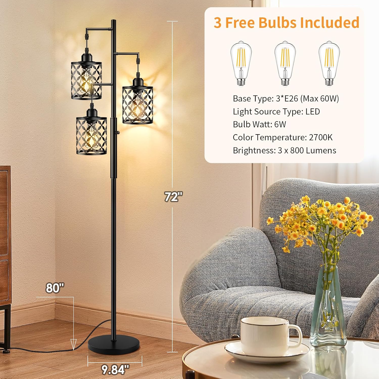Dimmable Floor Lamp, Farmhouse Standing Lamp with Elegant Metal Cage, Industrial Tall Tree Floor Lamps for Living Room, Bedroom, Study…