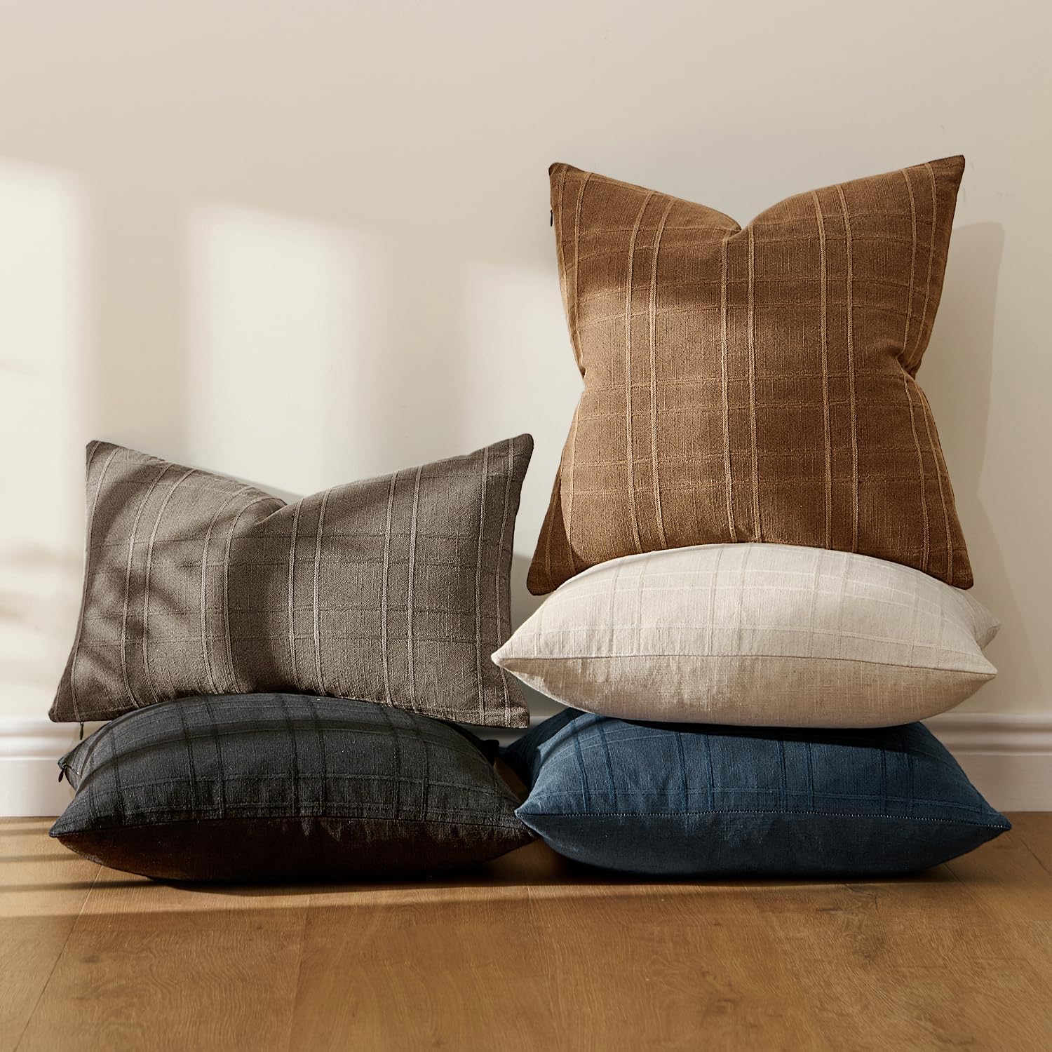 Miulee Decorative Linen Check Euro Shams Throw Pillow Covers Neutral Farmhouse Vintage Pillow Covers 24x24 Set of 2 Boho Modern Winter Home…