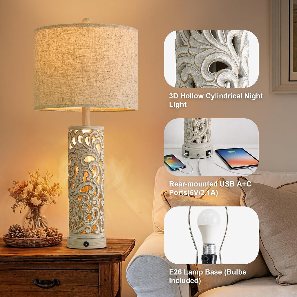 OYEARS 2-in-1 Light Table Lamp Set of 2 for Living Room, 28.5" Farmhouse Bedside Lamps with USB Charging Port, Main&Night Light & Dual…