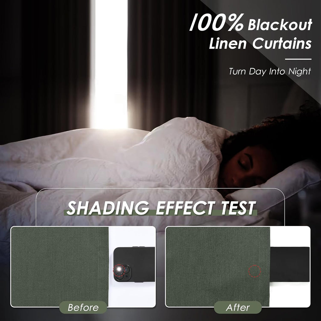 Nanspring Olive Green 100% Blackout Linen Curtains for Bedroom 102 Inches Long Back Tab Thermal Insulated Modern Farmhouse Decor Black Out…