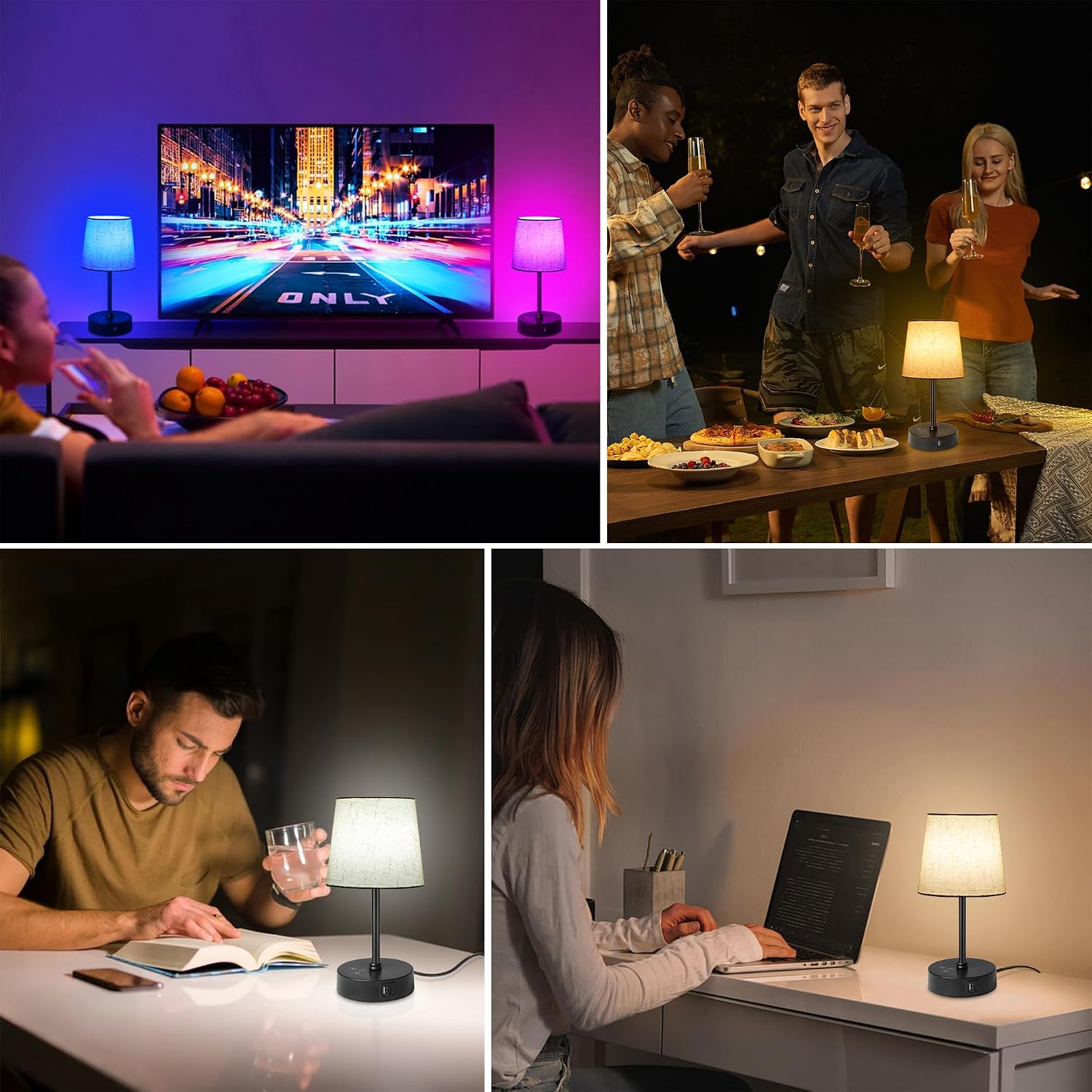 Ascher Small Bedside Table lamp Set of 2, RGB Color Changing Lamps, 3 Color Temperatures, Dimmable Nightstand Lamp with USB C+A Ports…