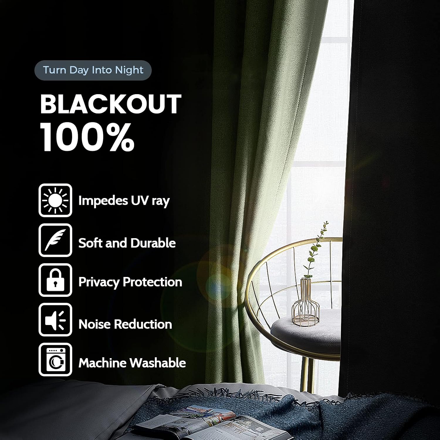 SimpleHome 100% Blackout Curtains for Bedroom, Thermal Insulated Grommet Window Drapes Room Darkening Sage Curtains for Living Room with Bla…
